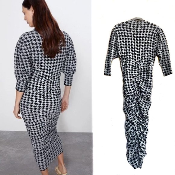 ZARA Black & White Houndstooth Jacquard Draped Wiggle Knit Midi Dress NWT Size S - Picture 6 of 12